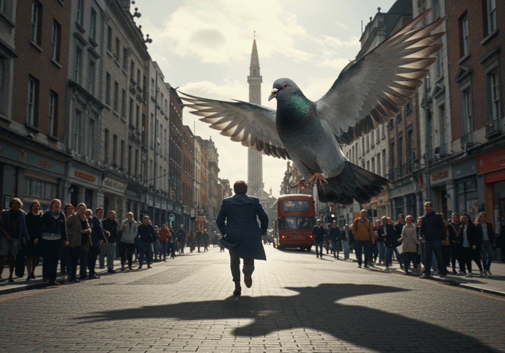 A man running through Dublin being chased by a giant pigeon